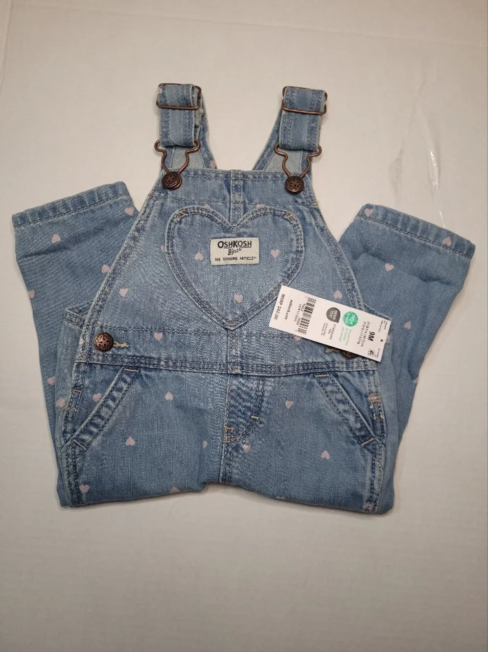 NWT OshKosh B'gosh Light Blue Denim Overalls with Pink Heart Print SIZE 9